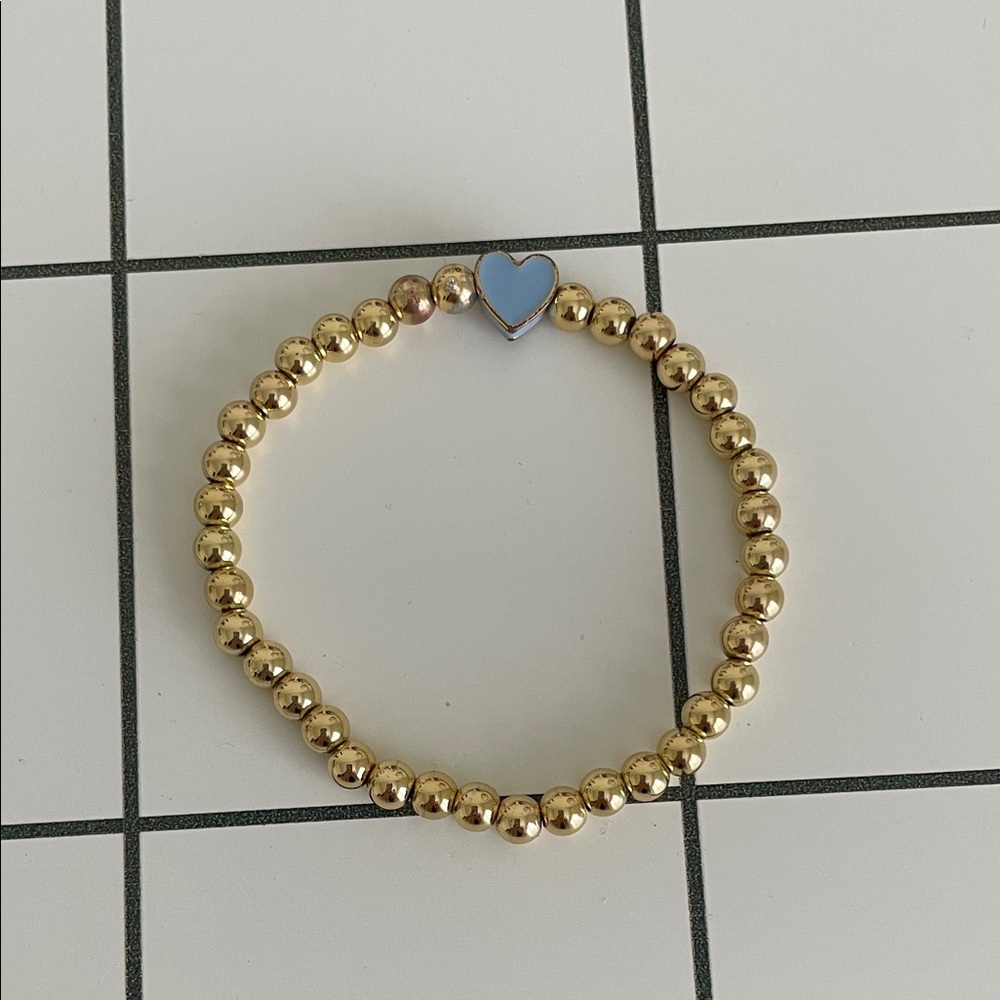 Gold Beaded Bracelet with Blue Heart Charm